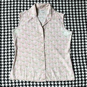 Vintage 70s 80s lightweight pink pastel floral sleeveless button down blouse.